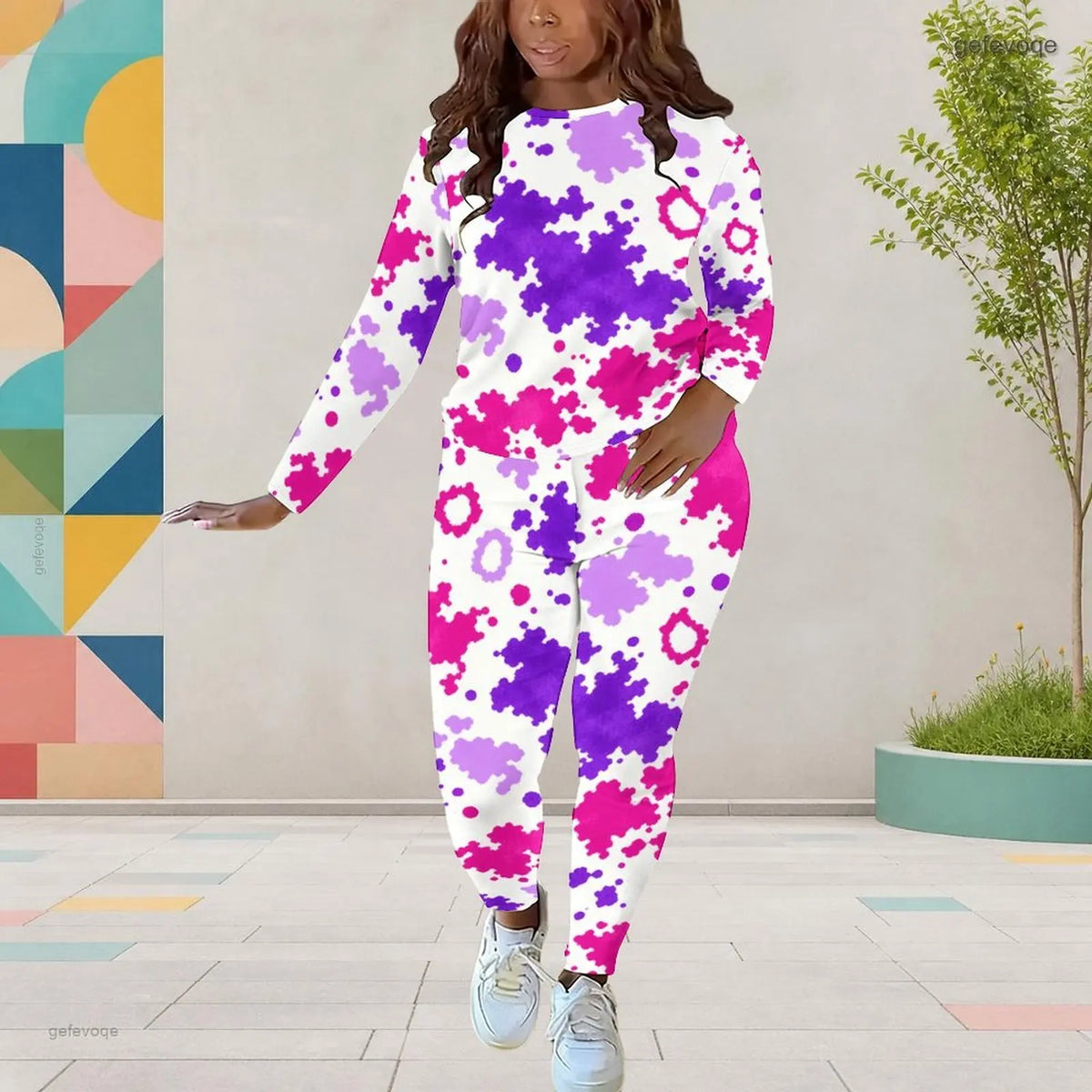 Wavy Swirl  Geometric Striped Abstract Printed O-Neck Long Sleeve Women's Top + Harem Pants 2-Piece Pants Set