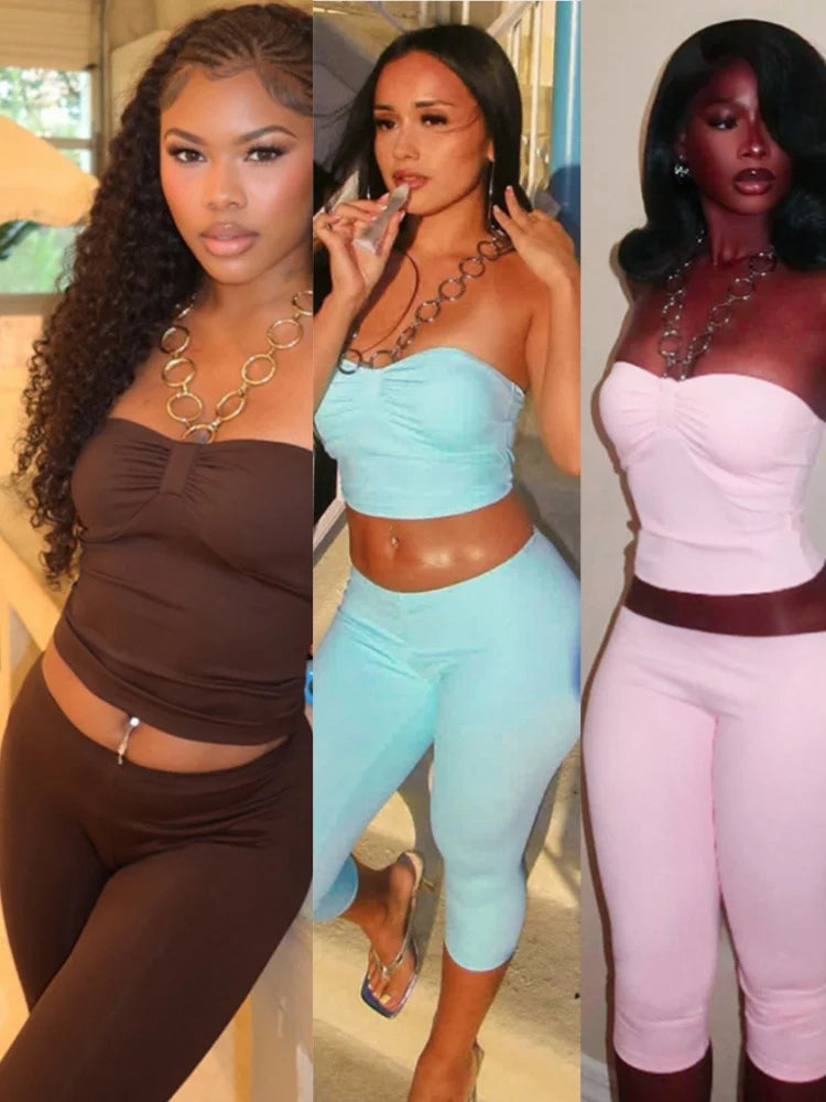 Sleeveless Solid Color Metal Ring Corset Crop Top+ High Waist Capri Pants Women's 2-Piece Set