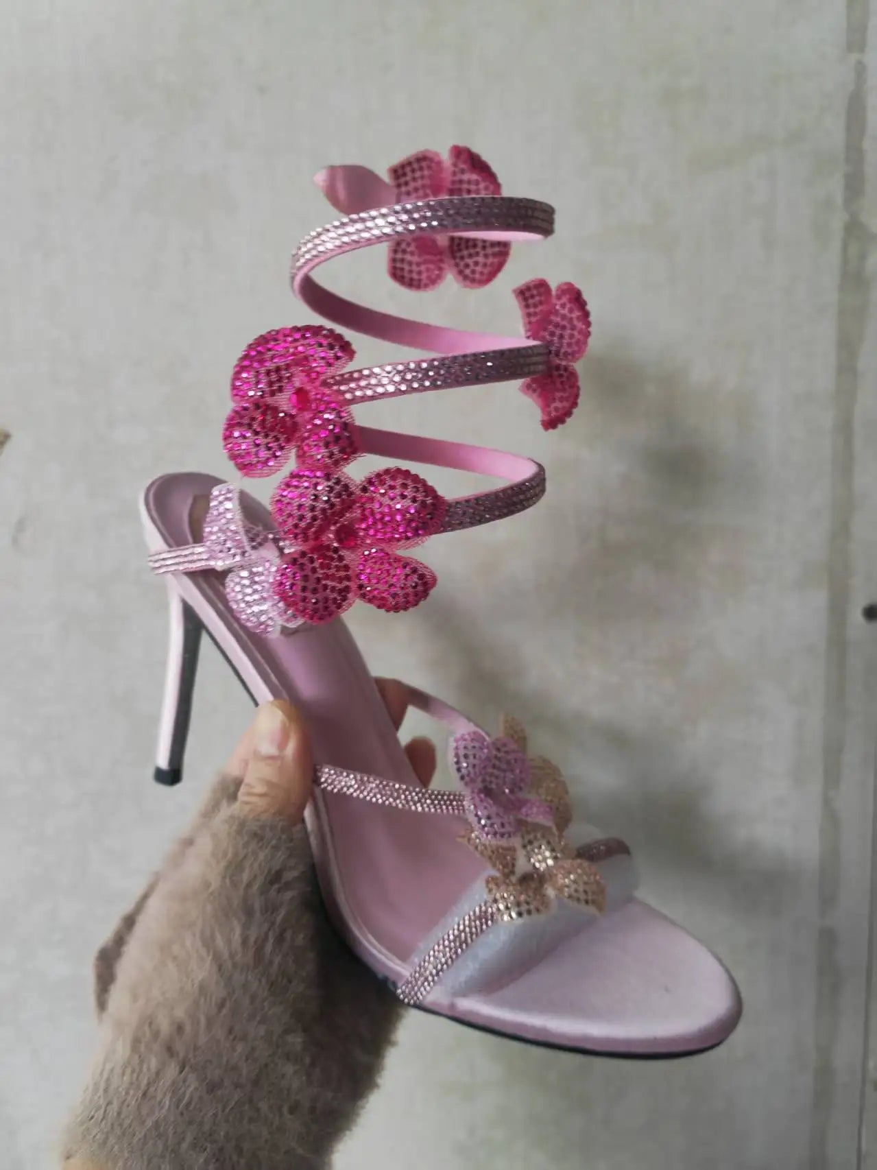 Crystal Flower Narrow Band Ankle Strap Thin Stiletto Heel Formal Sandal Pumps