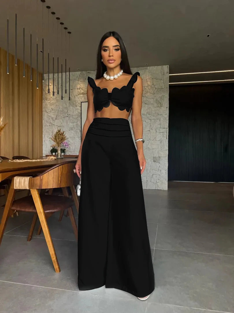 Flower Embroidered Backless High Street Cropped Backless Blazer + Wide Leg Pants Women's Suit or Hollow-Out Short Sleeve or Sleeveless Floral/Solid Jumpsuits