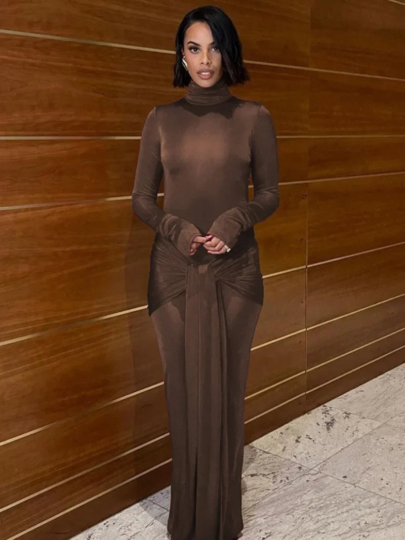 Criss Cross Turtleneck Bandage Bodycon Long Sleeve Maxi Dress