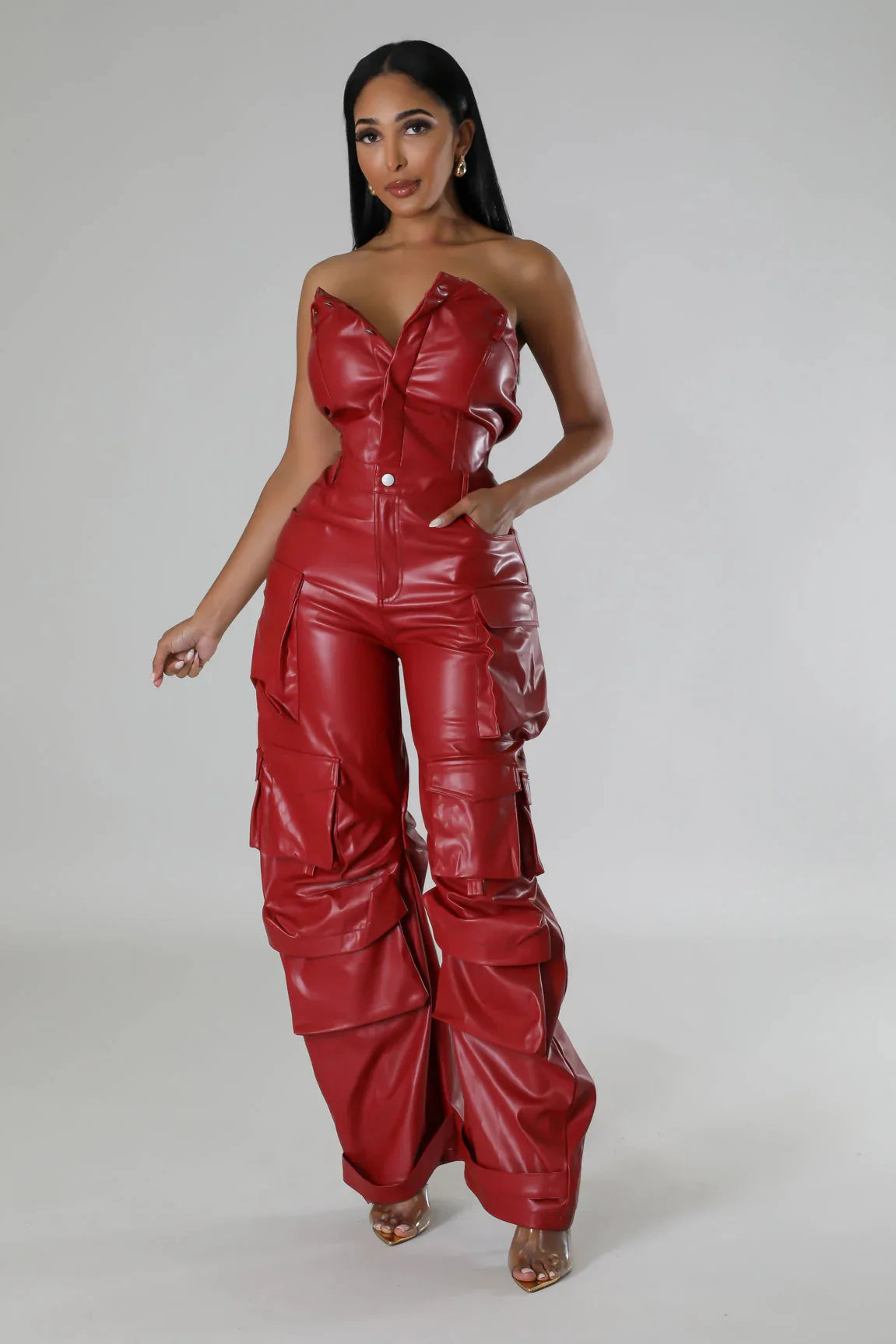 Strapless Sleeveless PU Leather Solid Color Hip-Hop Cargo Multi-Pocketed Women's Tube Top Jumpsuit