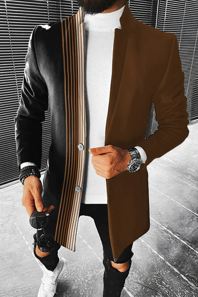 Men's Stand Collar Colorblock/Plaid/Geometric/African 3D Print 3/4 Length Button-Up Jacket 5X Big & Tall