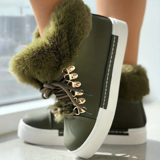 Velvet Furry Solid  Lace-Up Hightop Round Toe Ankle Snowboots