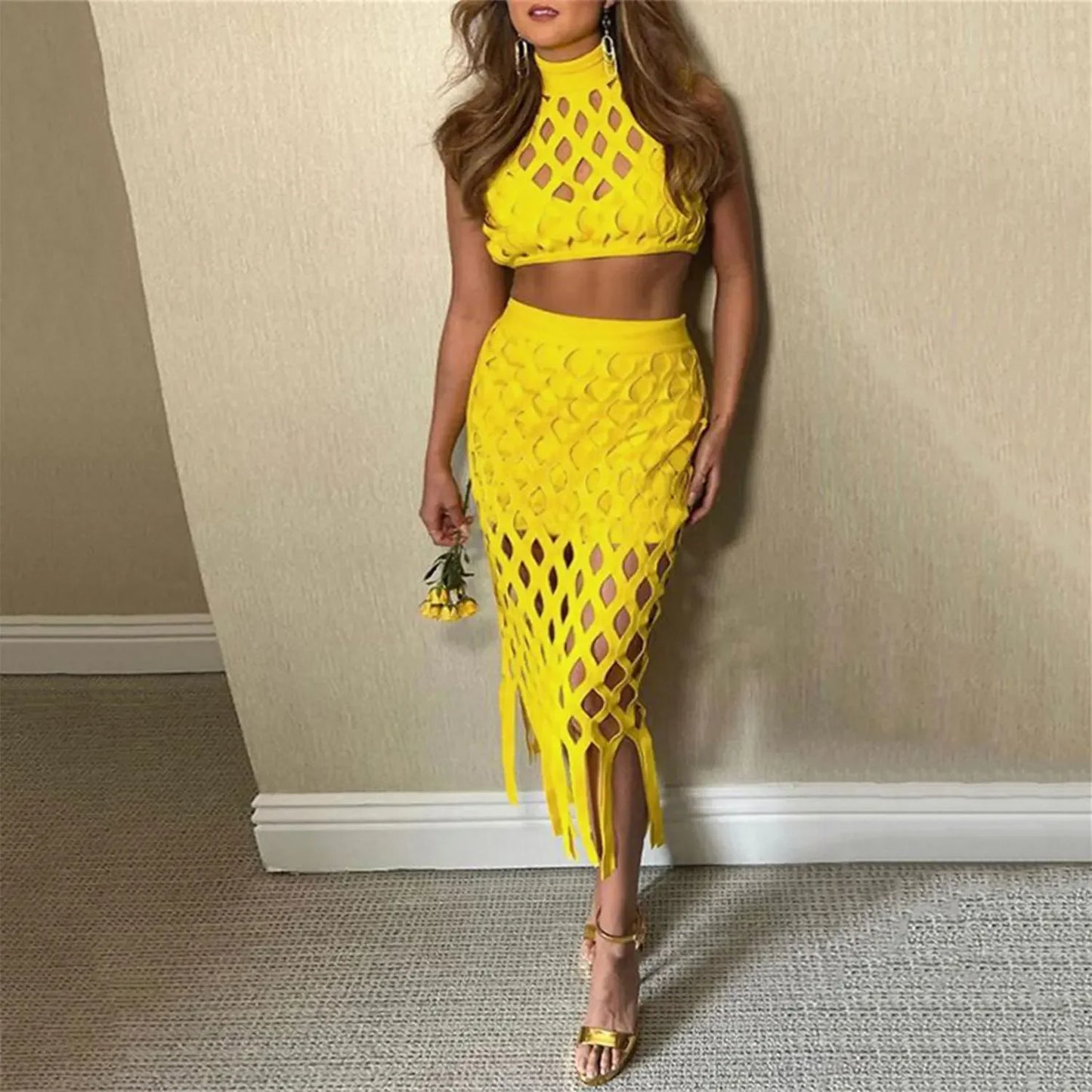 Crochet Geometric Grid Pattern Hollow-Out Solid Crop Top + Side Slit Midi Skirt Women's 2-Piece Sets to 3X Plus Size
