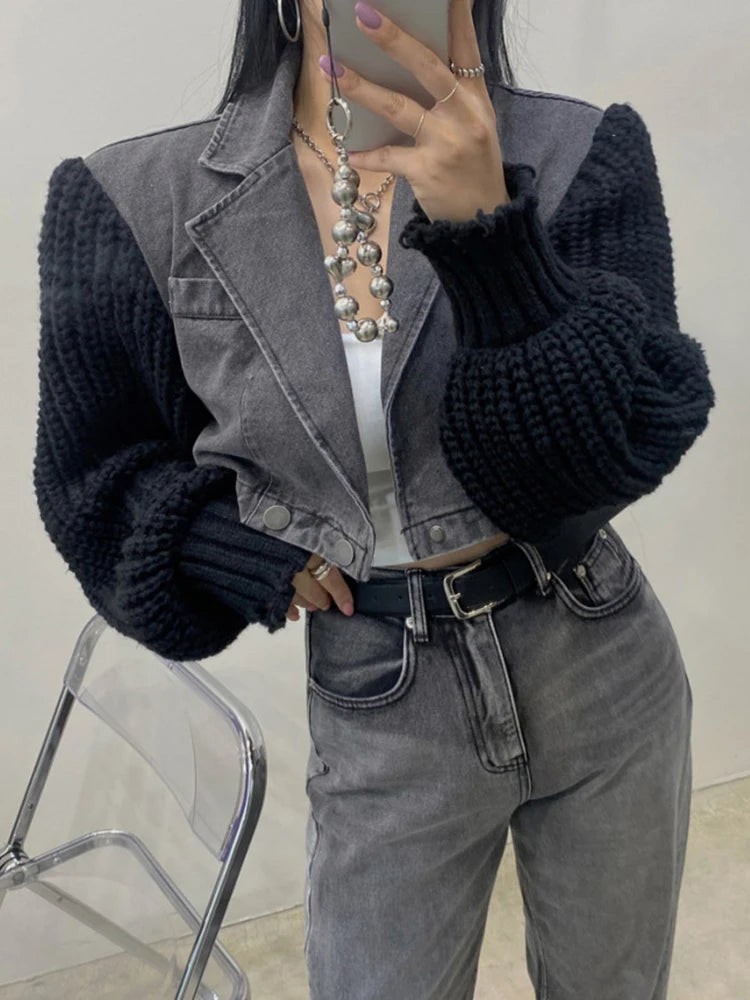 Patchwork Knitted Colorblock Long Sleeve Denim Ladies Sweater Jean Jacket