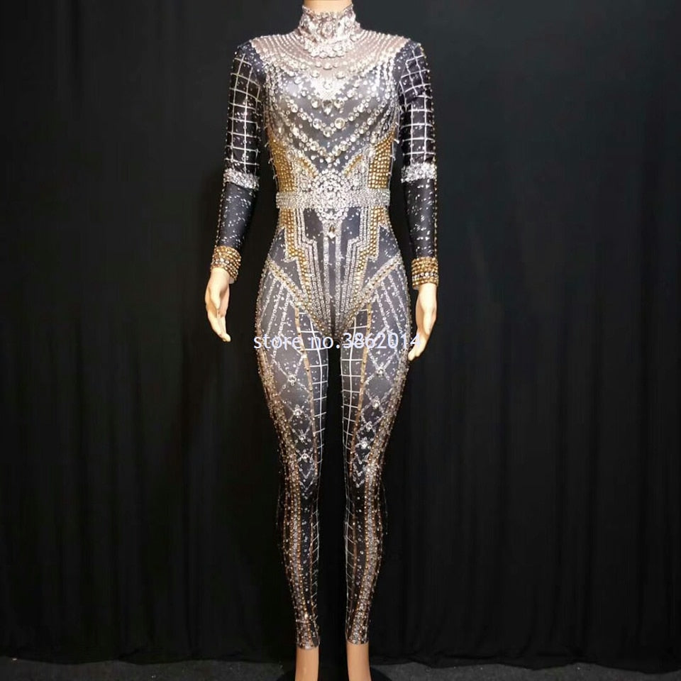 Sparkling Rhinestone Long Sleeve Spandex Jumpsuit