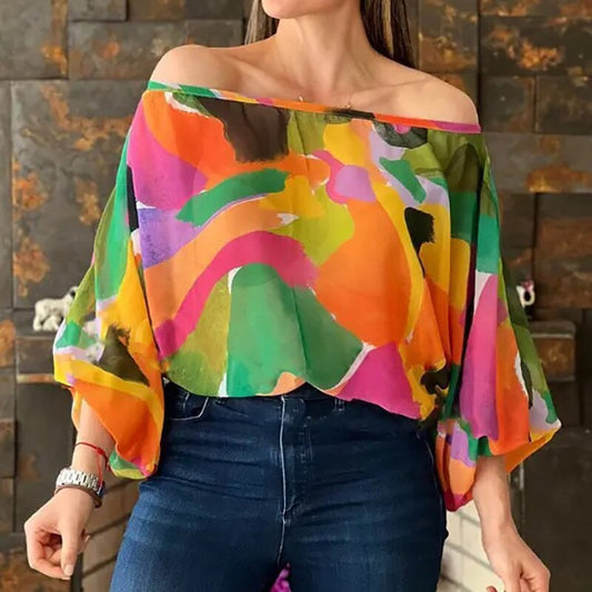 Floral/Geometric/Striped Loose Lantern Sleeve Off-the-Shoulder Blouse to 3X Plus Size