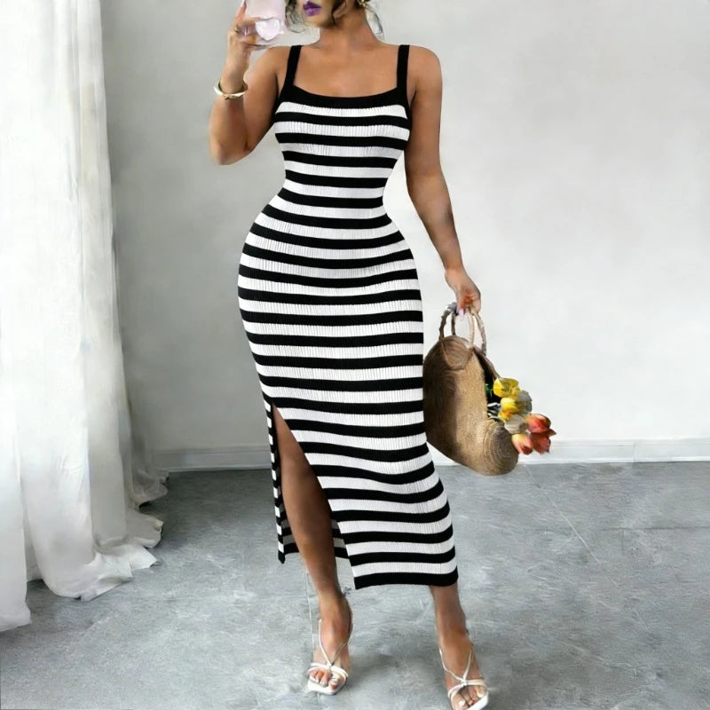 Sleeveless Striped Spaghetti Strap Stretch Knitted Bodycon Maxi Dress