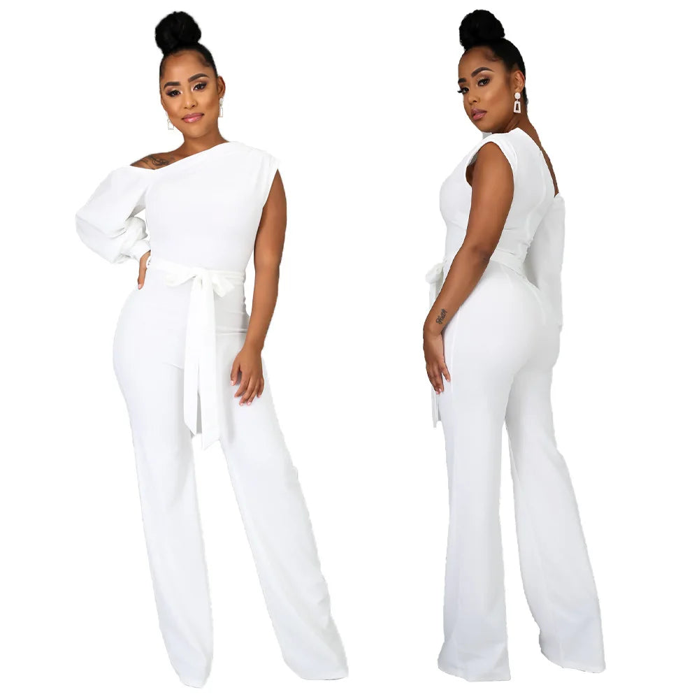 Asymmetrical One Sleeve Bootcut Wide Leg Solid Jumpsuit w/ Sash Belt