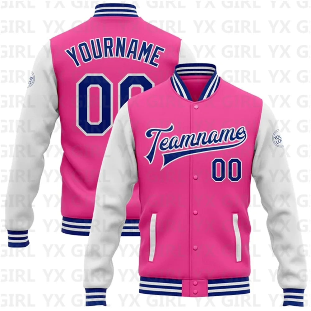 Customized Unisex Personalized Pink White-Kelly Green Letter/Team Name Print Full-Snap Varsity Letterman 2-Tone 3D Baseball Button Bomber Jacket
