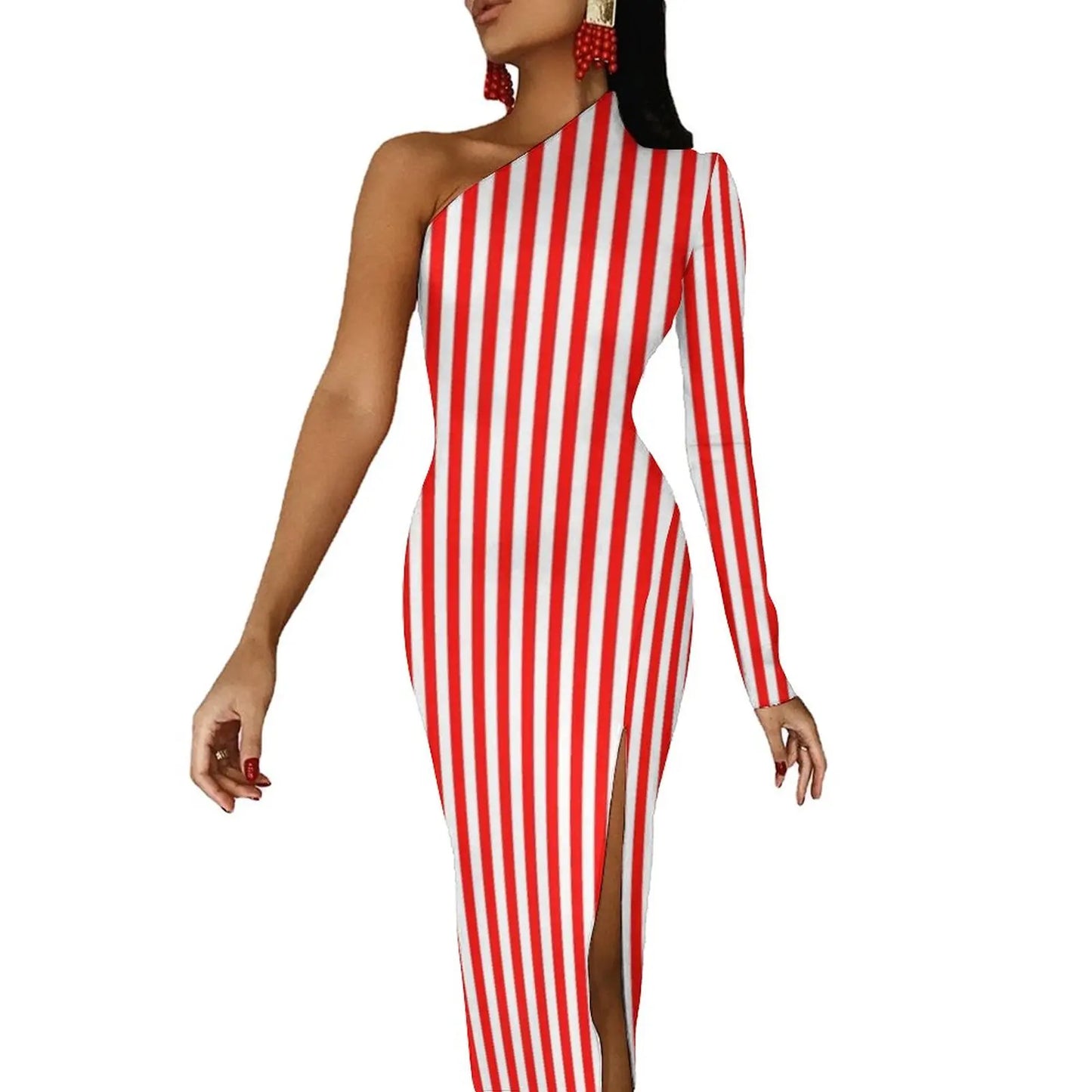 Striped/Rainbow Striped/American Flag Print One Sleeve Asymmetrical Bodycon Midi Dresses