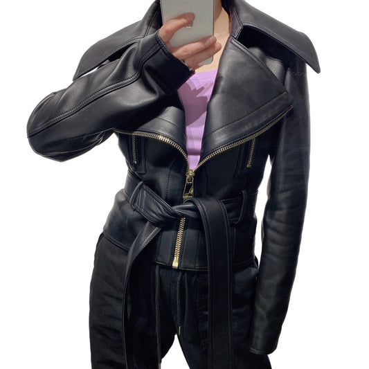 Black Turn-Down Collar Slim Leather Ladies Streetwear Jacket w/ Sash Belt