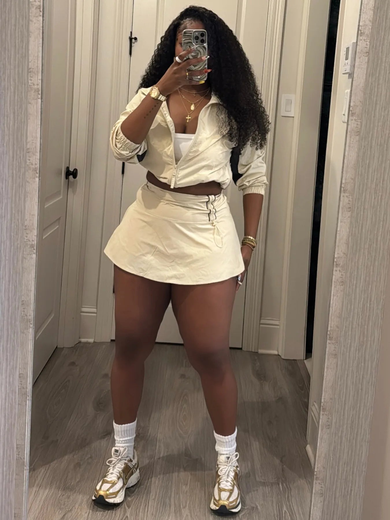 Striped Stand Collar Women's Zipper Fitness Jacket+ Drawstring Ruched Mini Tennis Skirt Solid Color 2-Piece Set