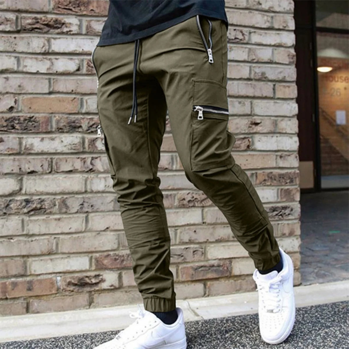 Men's Zipper Pocket Design Drawstring Solid Cargo Pants