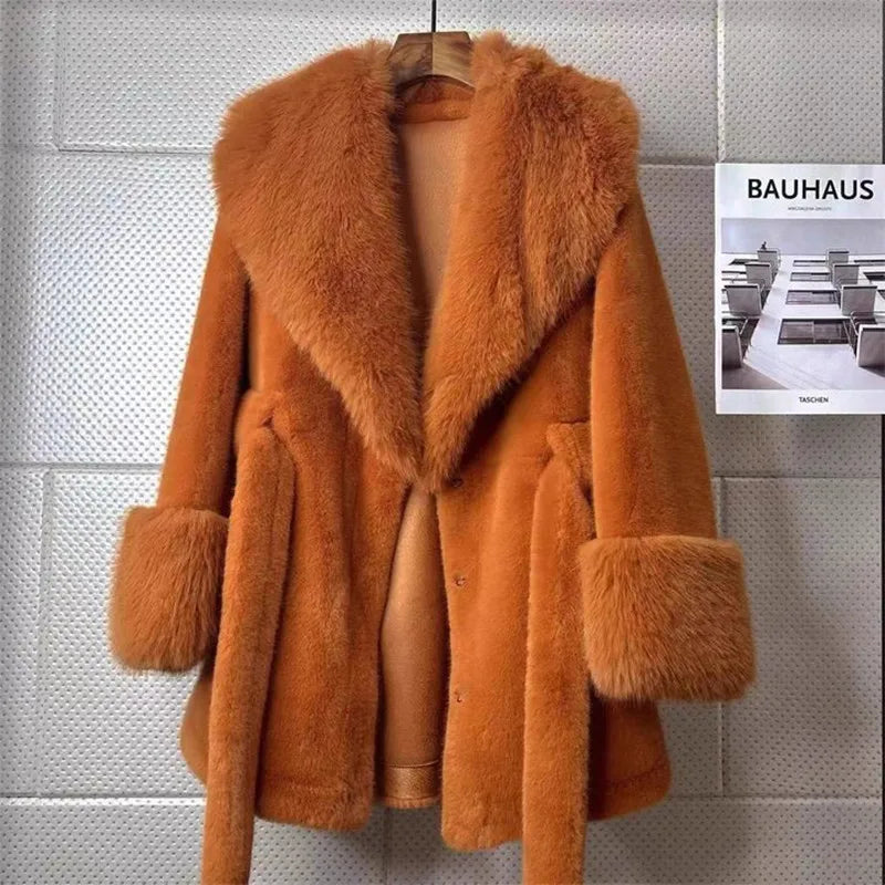 Vintage Solid Color Women's Luxury Faux Fur Oversized Collar Long Sleeve Coat w/ Sash Belt