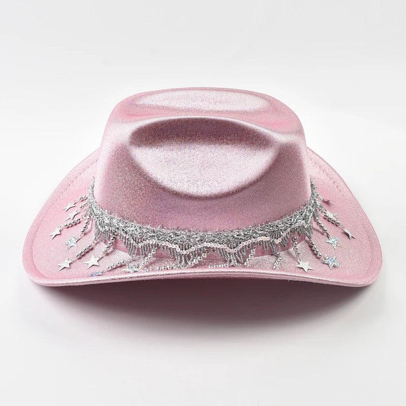 Sequin Rhinestone Metallic Tassel Fringe Women's Cowgirl Fedora Hat