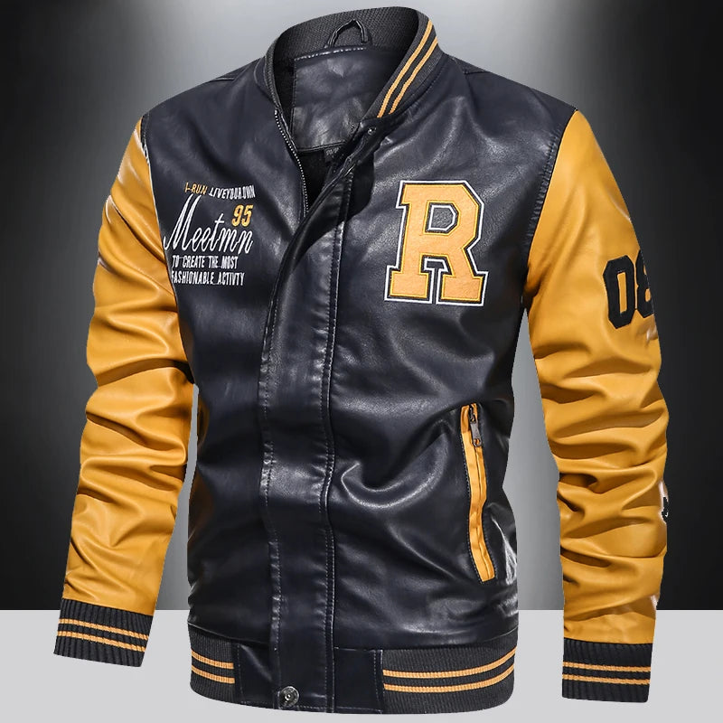 Men's PU Leather Colorblock Letter Print Letterman's Varsity Motorcycle Biker Racing Jacket