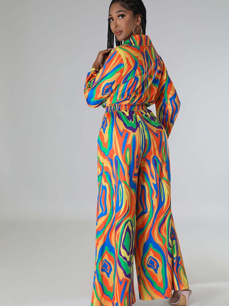 Multi-Colored Long Sleeve Printed Loose Wide Leg Jumpsuit