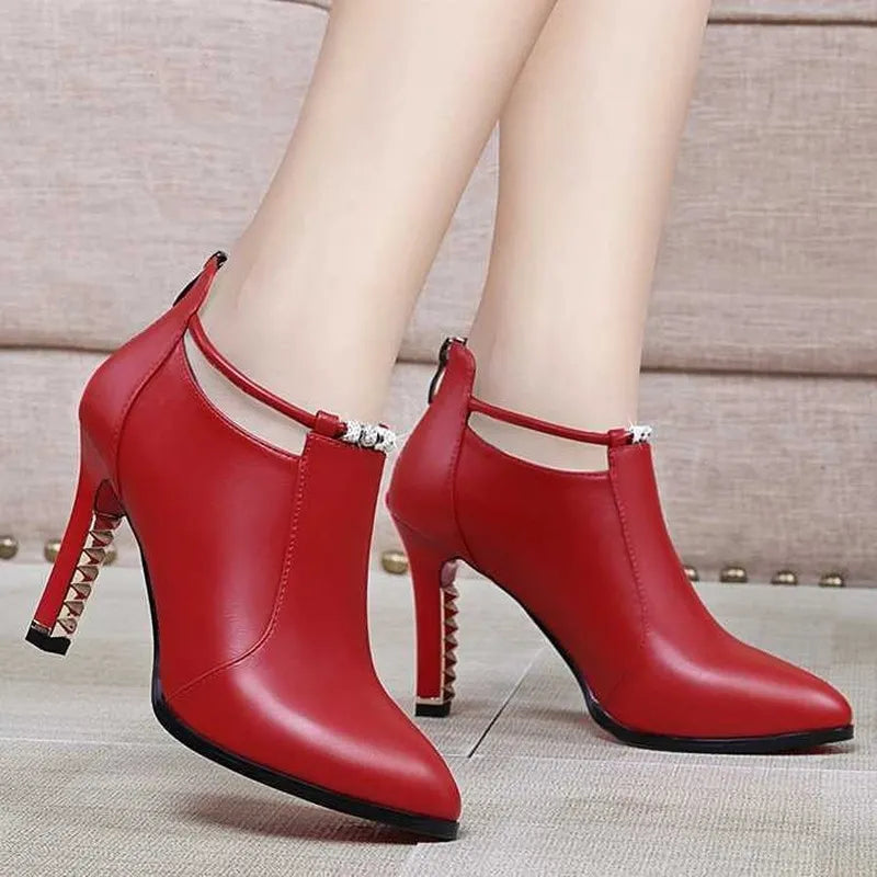 Shallow PU Leather Round Toe Women's Thin Heel Zipper Ankle Boots