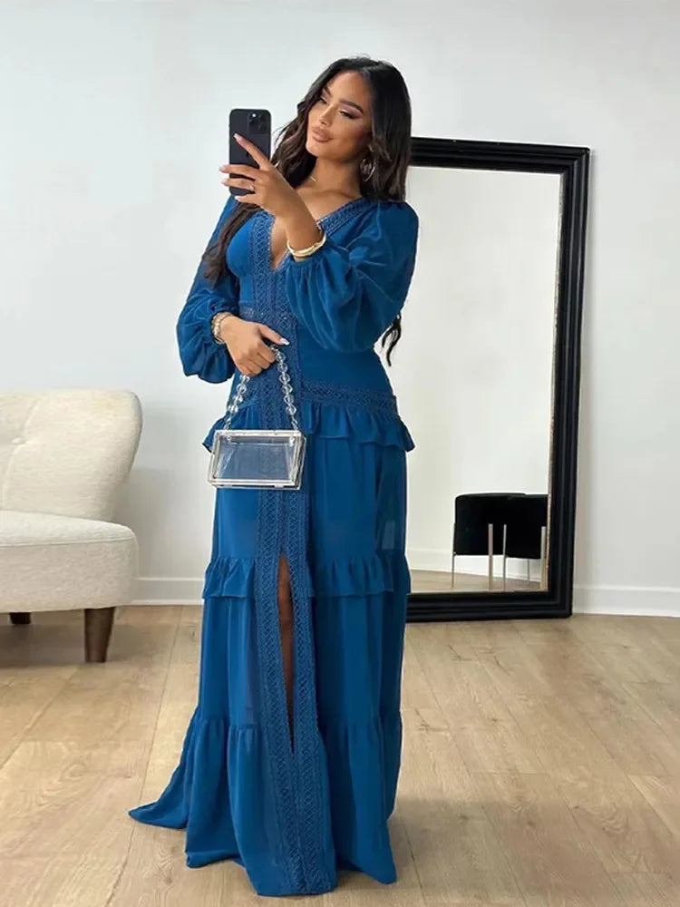 Layered Bohemian Tiered Ruffled Patchwork Design V-Neck Long Puff Sleeve High Slit Maxi Dress