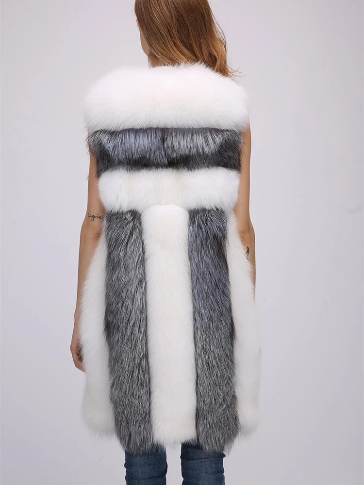 Colorblock Striped Faux Fur Sleeveless Vintage Ladies Maxi Vest to 4X