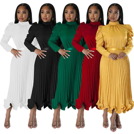 Women’s Solid Color O-Neck Lantern Sleeve Blouse + A-Line Flounce Formal Pleated Maxi Skirt w/ Sash Belt 2-Piece Set
