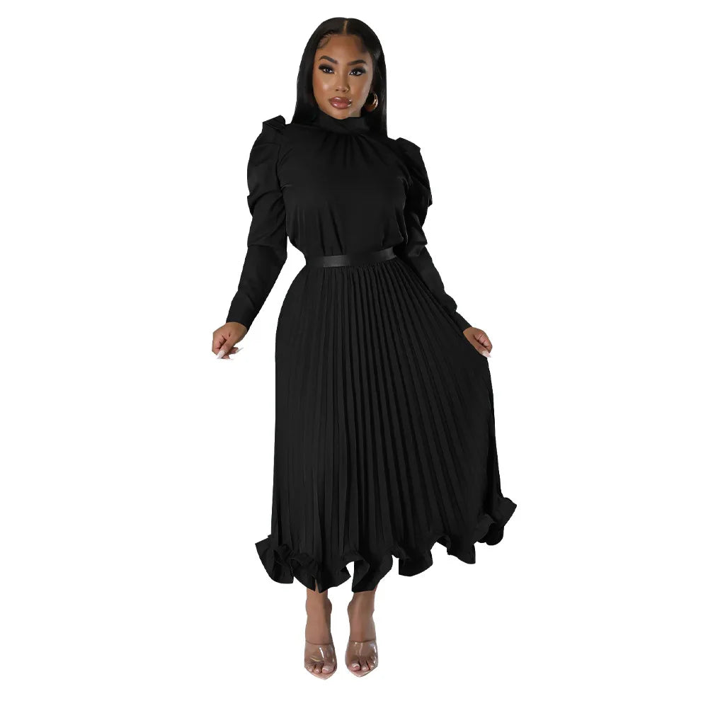 Women’s Solid Color O-Neck Lantern Sleeve Blouse + A-Line Flounce Formal Pleated Maxi Skirt w/ Sash Belt 2-Piece Set