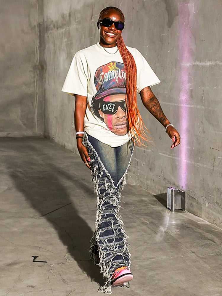 Ripped Denim Tassel Fringe Detail Women's Skinny Streetwear Flared Leg Jeans