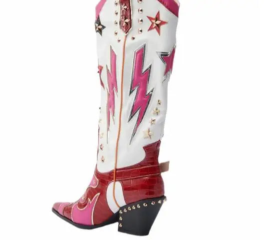 White/Pink/Burgundy Leather Western Women's Pointed Toe Metallic Star Lightning Bolt Stud Design Block Heel Knee High Cowgirl Rodeo Boots
