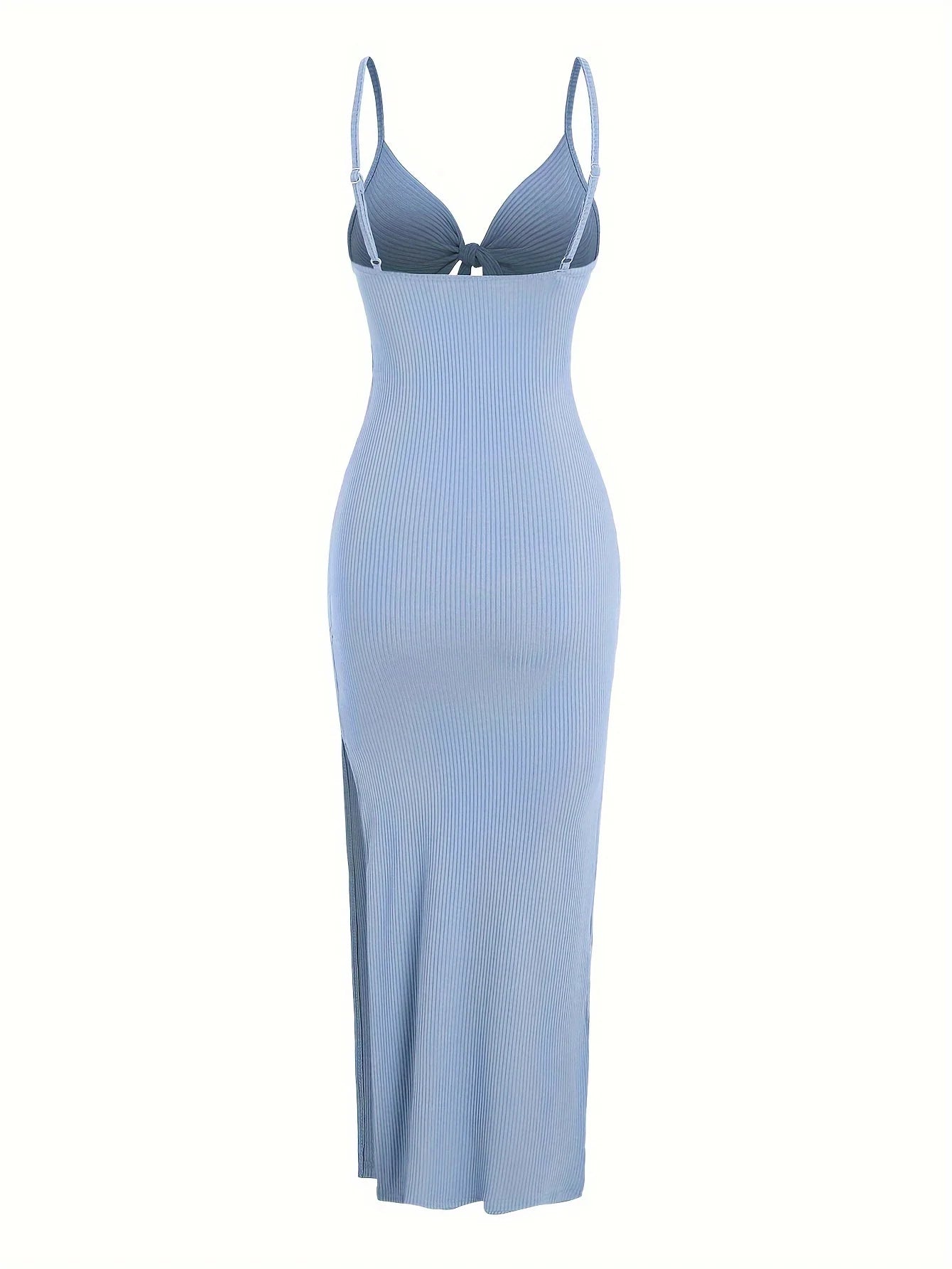 Ribbed Bowknot Design Spaghetti Strap V-Neck Knitted Sleeveless Solid Color High Slit Maxi Dress