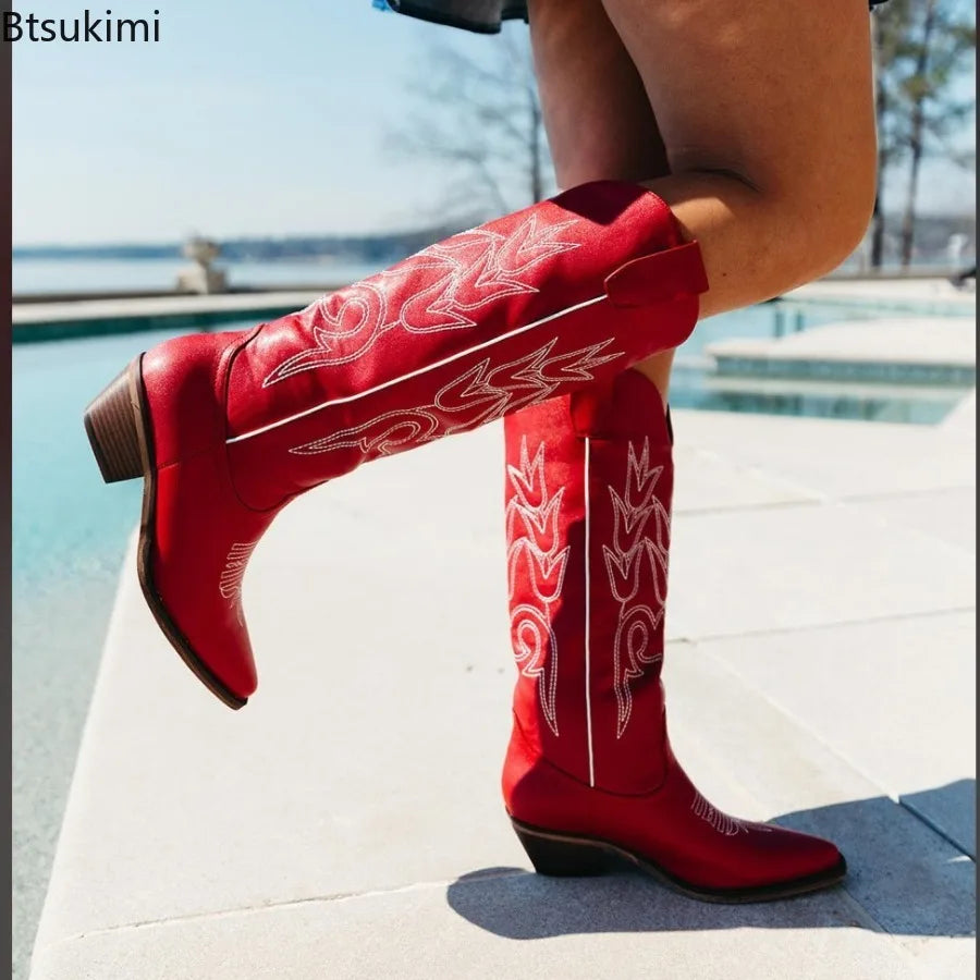 Embroidered Western Knee-High Women's Size Zipper Cowgirl Chunky Heel Platform Boots