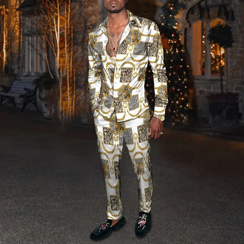 Men's Casual 3D Print Long Sleeve Dress Shirt - Pants Matching 2-Piece Sets