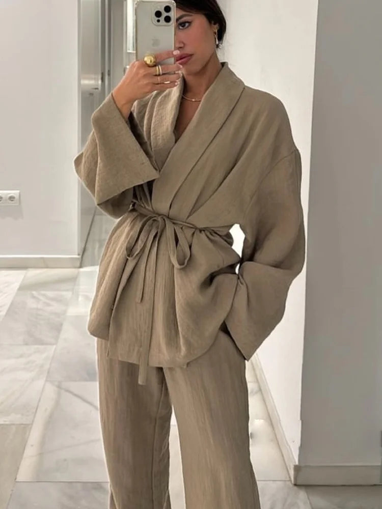 Solid Women's Khaki Drawstring Blazer Jacket + Elastic Waist Wide Leg Pants Business Suit