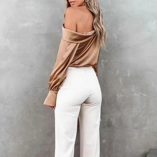 Satin Skew Collar Off Shoulder Long Sleeve Solid Blouse