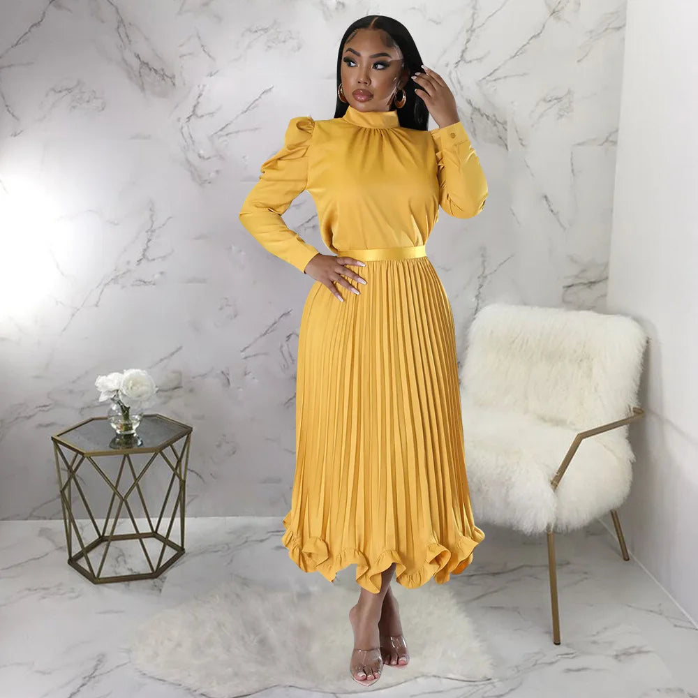 Women’s Solid Color O-Neck Lantern Sleeve Blouse + A-Line Flounce Formal Pleated Maxi Skirt w/ Sash Belt 2-Piece Set