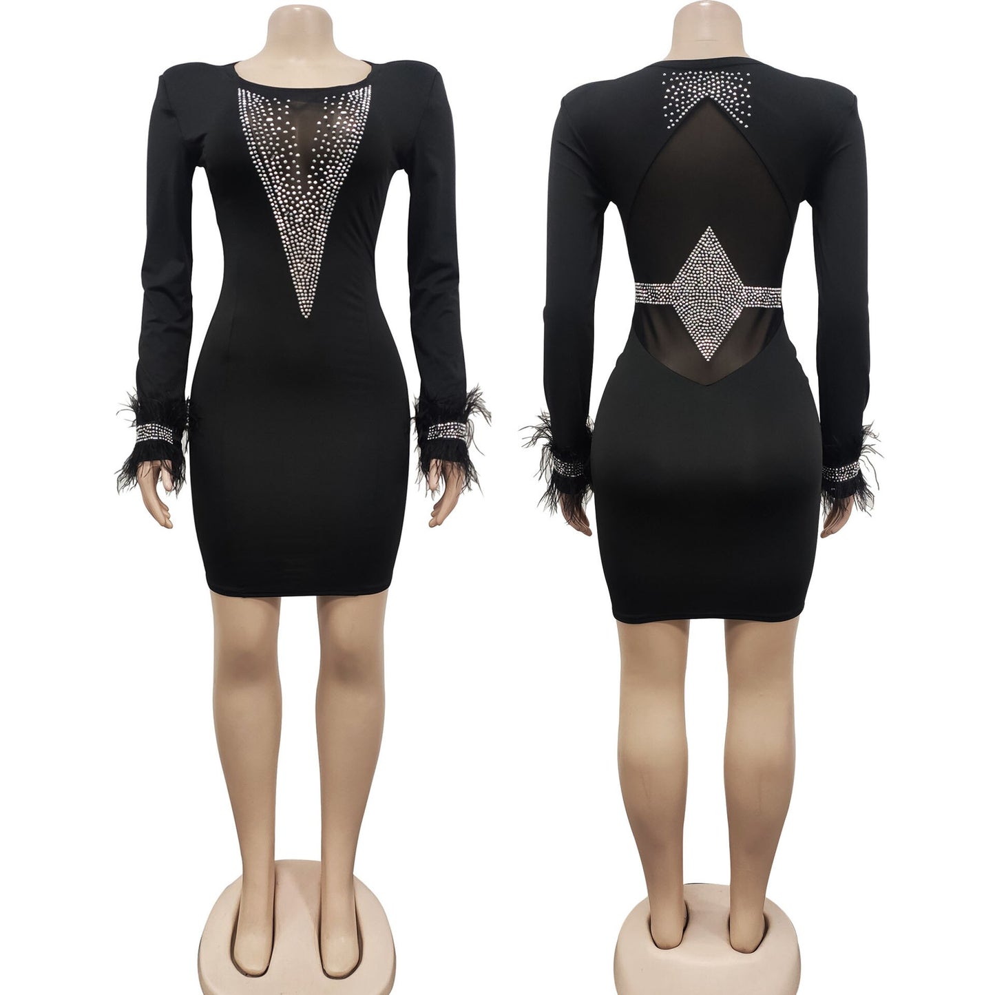 Feather Rhinestone Transparent Mesh Deep V-Neck Bodycon Mini Dress