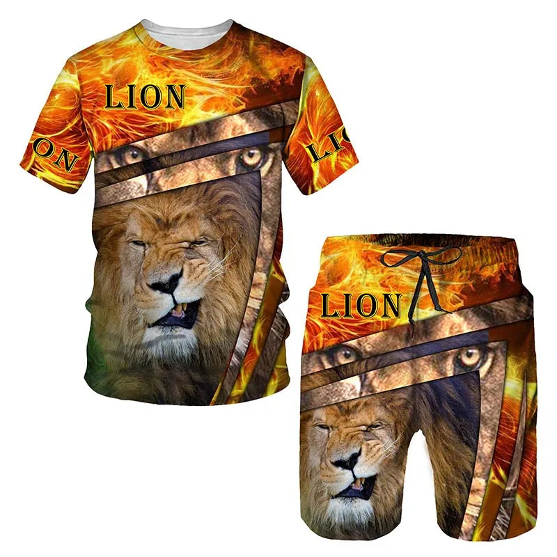 "The King" Lion 3D Graphic Men's Short Sleeve T-Shirt + Shorts 2-Piece Sets