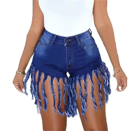 Western Denim Gradient Dark Blue/Light Blue Tassel Fringe Women's Streetwear Hip-Hop Mini Cowgirl Rodeo Jean Shorts
