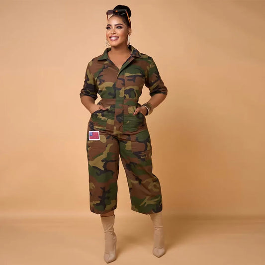 Camoflauge Print Ladies Streetwear Denim Jean Capri Length Wide Leg Cargo Pocketed Jumpsuit