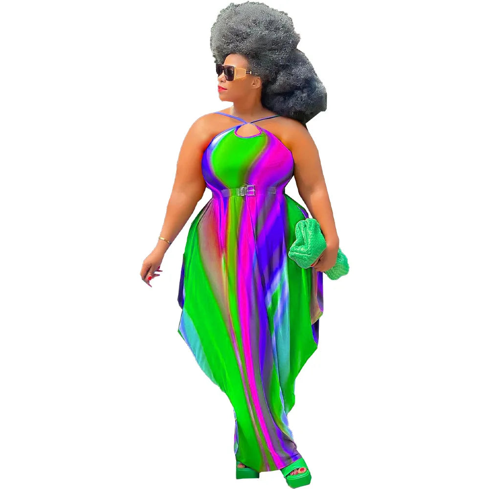 Rainbow Striped Colorblock Ruched Ruffled Sleeveless Print Harem Maxi Dress to 5X Plus Size