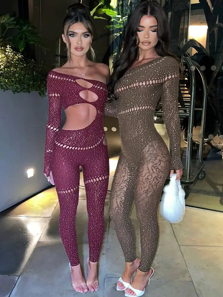 Sparkling Rhinestone Cuff Hollow-Out High Elastic Luminous Solid Color Jumpsuit