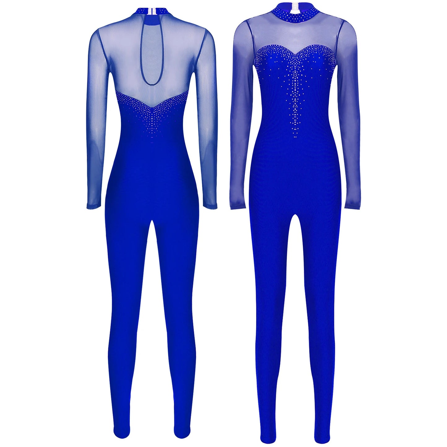Rhinestone Women's Long Sleeve Gymnastics Leotard Performance Jumpsuit