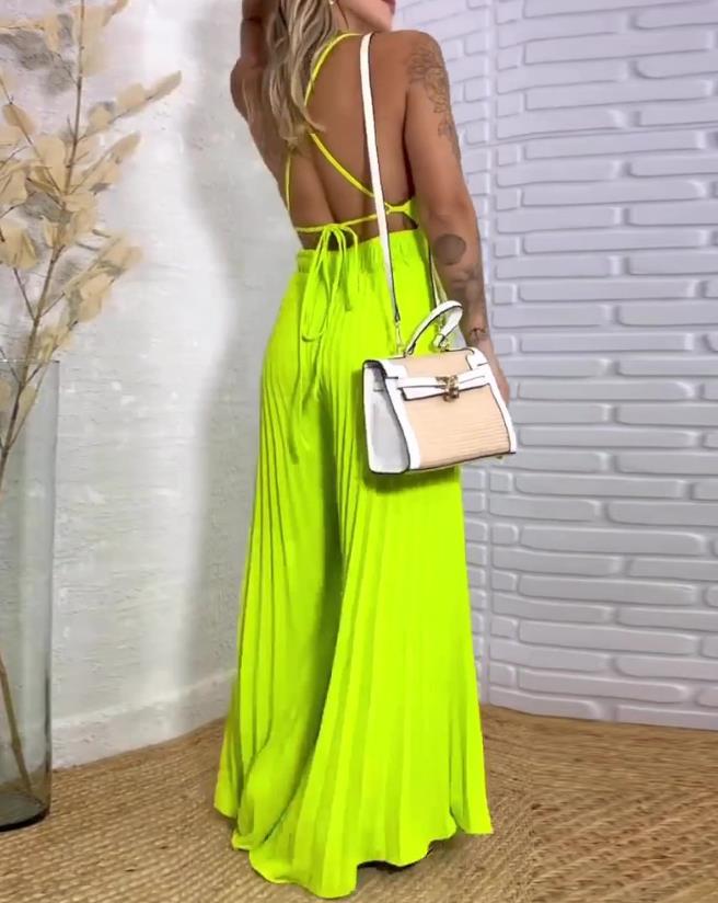 Deep V-Neck Plunge Sleeveless Pleated Wide Leg Jumpsuit