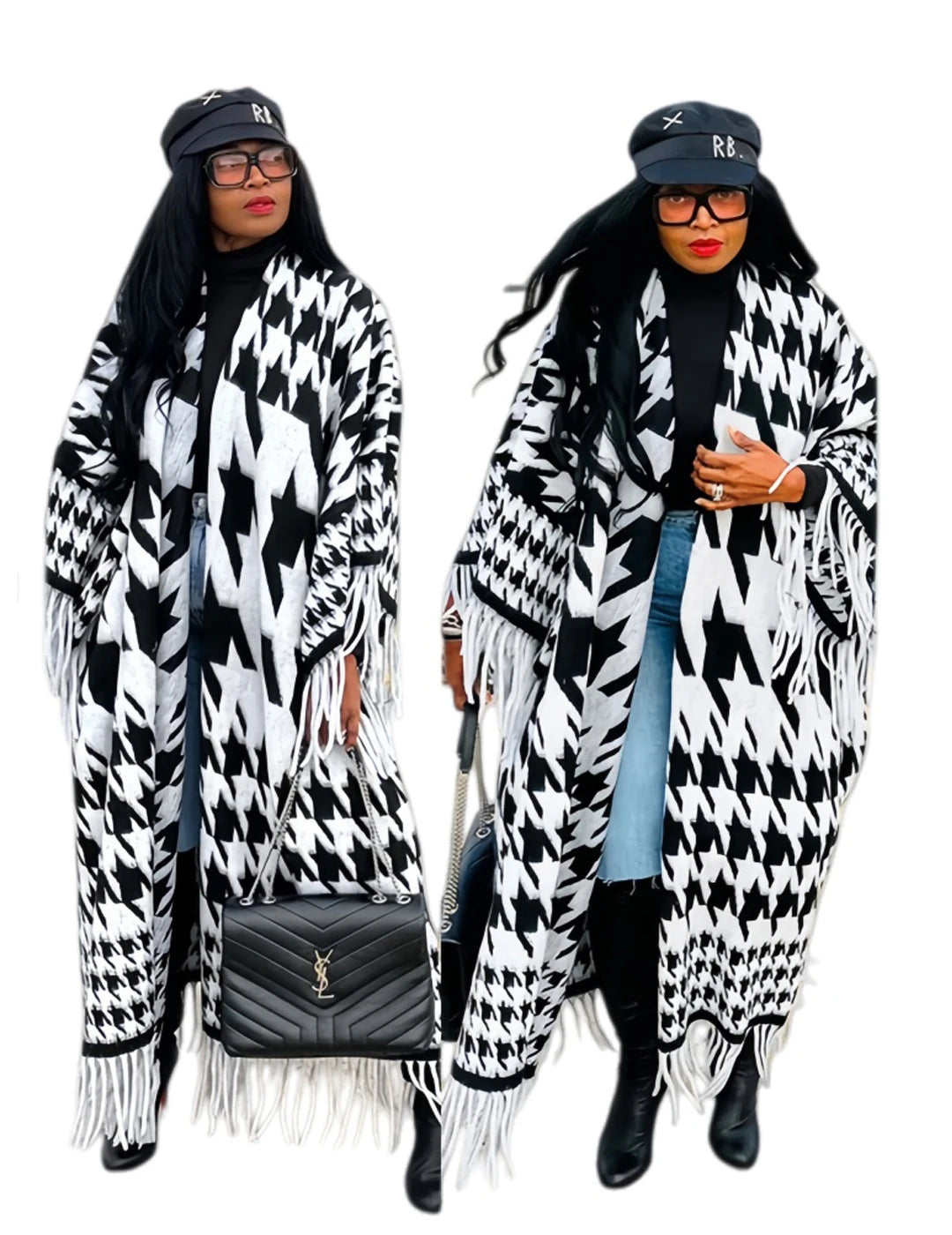 Black/White Cashmere Open Front Cardigan Kimono Tassel Fringe Women's Shawl Maxi Sweater