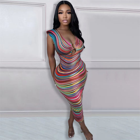 Digital Striped Sheer Sleeveless Hollow Out Maxi Dress