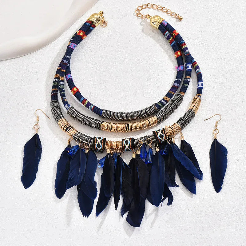 Vintage Native American Feather Choker Multilayer Necklace w/ Hook Earrings 2-Piece Jewelry Sets