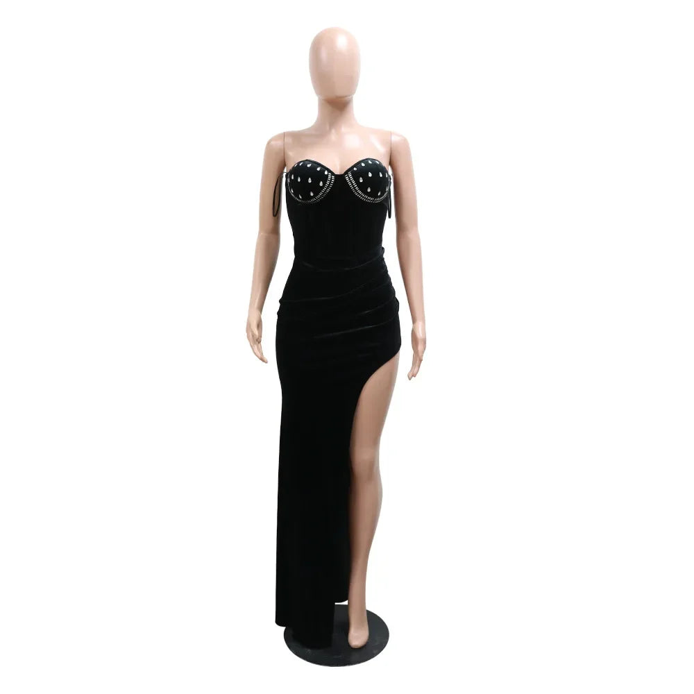 Rhinestone Evening Velvet Bodycon Cocktail High Slit Prom/Party Formal Maxi Dress