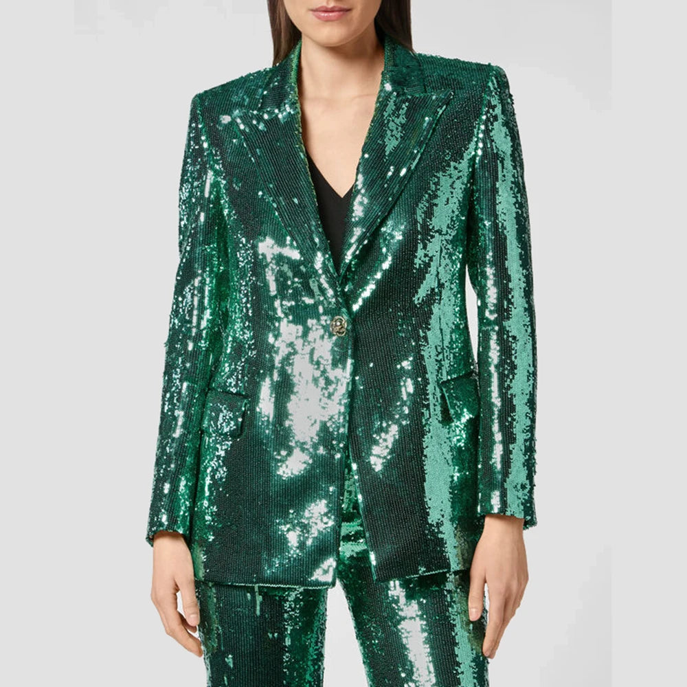 Metallic Sequined Single Button Temperament  Ladies Blazer + Matching Pants Suit