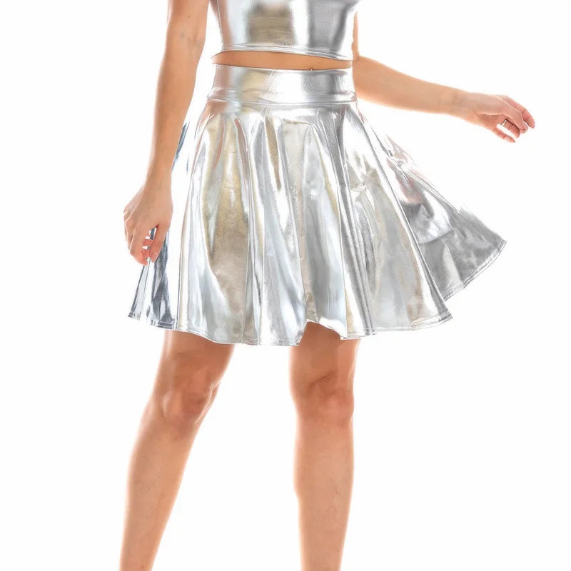 Shiny Solid Color Faux Leather High Waist Pleated High Street Club Mini Skirt